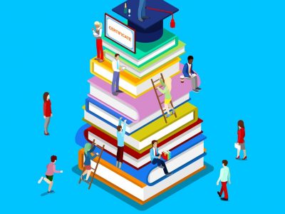 Isometric Educational Concept. Online Education, Online Library, Graduation with Cap and Students. Vector 3d flat illustration